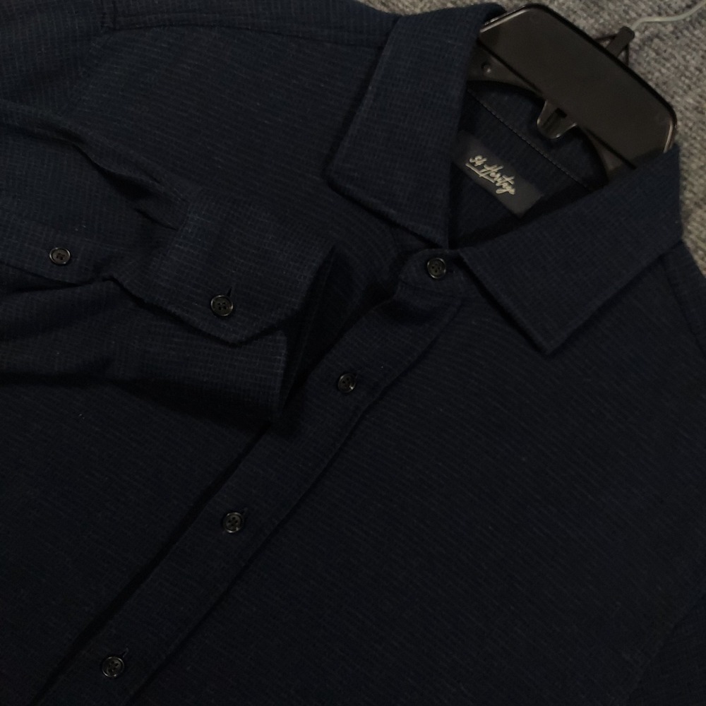 34‎ Heritage Shirt Mens L Blue Waffle Knit Long Sleeve Button Front Casual